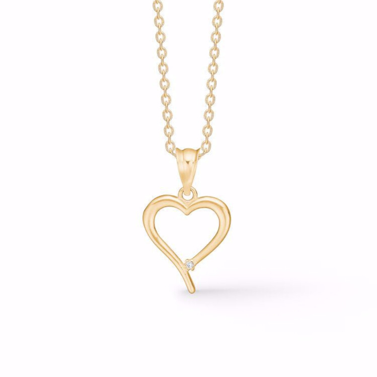 8 kt guld hjerte vedhæng med zirkonia og 45cm forgyldt kæde
