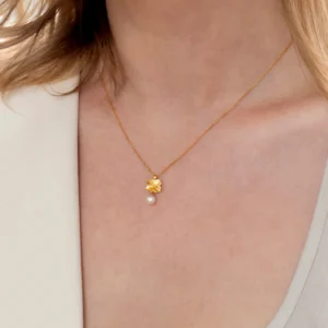 Flora Danica Firkløver forgyldt halskæde med perle FLC-NePearl-G