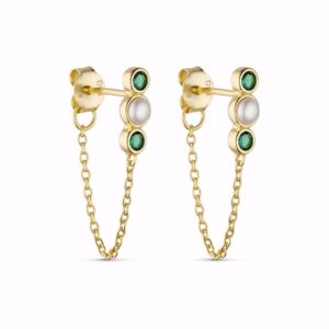 Forgyldte øreringe med grøn zirkonia og perle - Seville Jewelry
