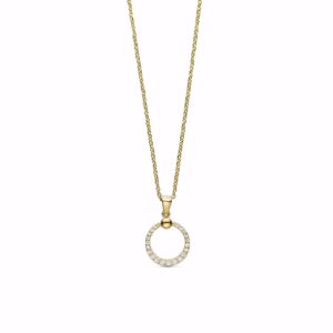 Halskæde med cirkelvedhæng i 8 kt guld og zirkonia sten