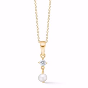 Halskæde i forgyldt sølv med zirkonia og ferskvandsperle – Guld & Sølv Design