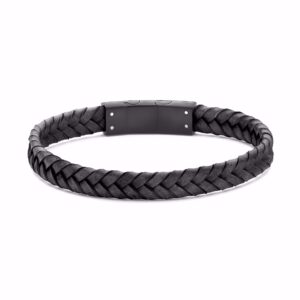 Sort flettet herre læder armbånd med sort stållås – Frank1967