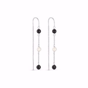 Zita kæde øreringe i rhodineret sølv med onyx og perle – Seville Jewelry
