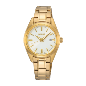 Seiko Classique dameur i guldfarvet stål med hvid urskive – SUR632P1