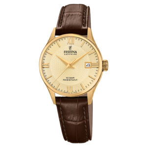 Festina Swiss Made dameur guldfarvet urskive og brun læderrem - F20011/6