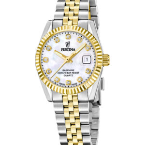 Festina dameur Swiss Made i stål/guld med hvid perlemorsskive – F20088/1